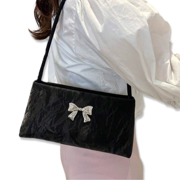 Handbags - Coquette shoulder top handle bag | Black Purse with Silver Bow Detail | NWT